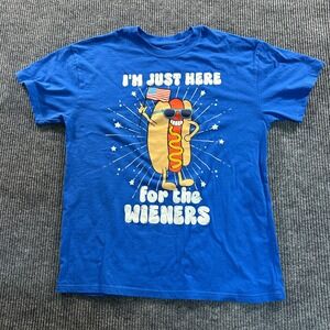 TNT Men Large Blue Im Just Here For The Wieners Funny Hot Dog BBQ Graphic Tee